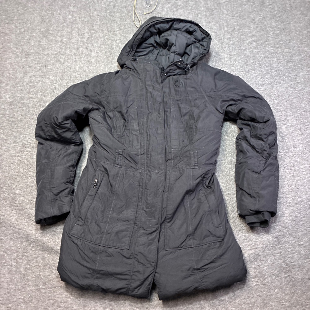 VTG The North Face HyVent Parka Jacket Women SM Down Black Hooded Puffer No Belt